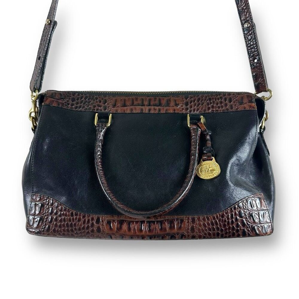 Brahmin Tuscan Collection Shoulder Bag Two Tone Black Leather Brown Embossed